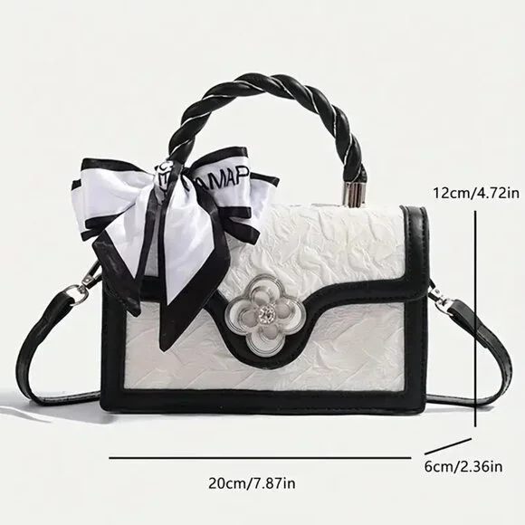 Chic Black/White Textures Floral Mini Crossbody Top Handle Bag w/Twilly - Picture 12 of 13